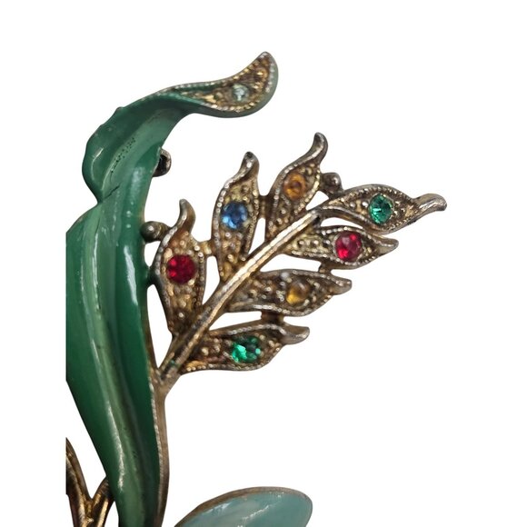 Vintage Enamel Tulip Brooch With Rhinestones Gold-Tone Floral Pin Green & Multic - Picture 15 of 16